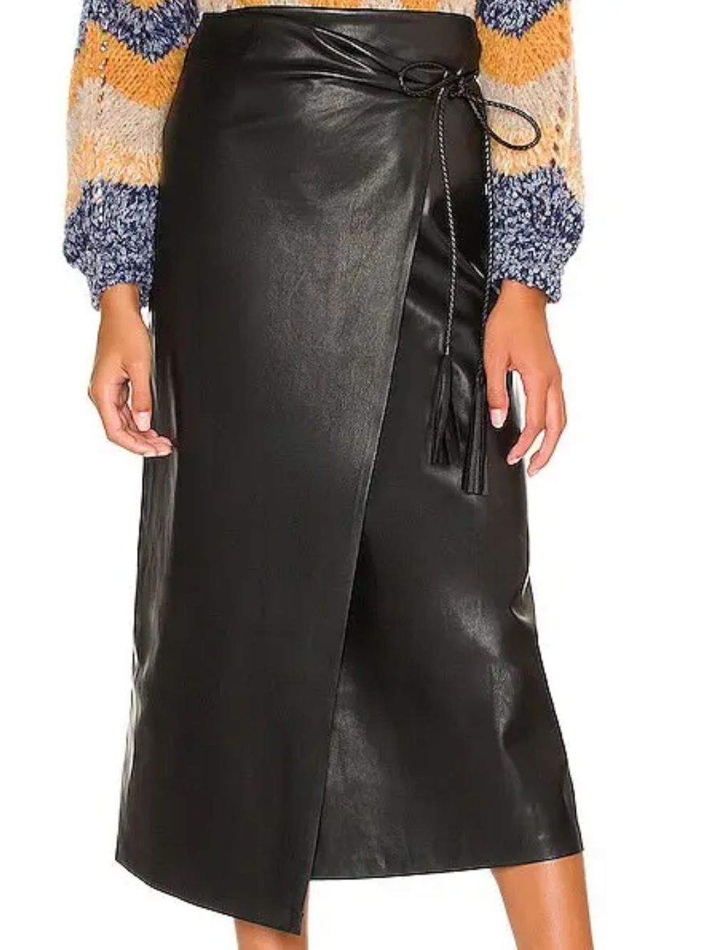 MOTHER The It's-A-Wrap Faux Leather Midi Skirt Black Size M Wrap Tie